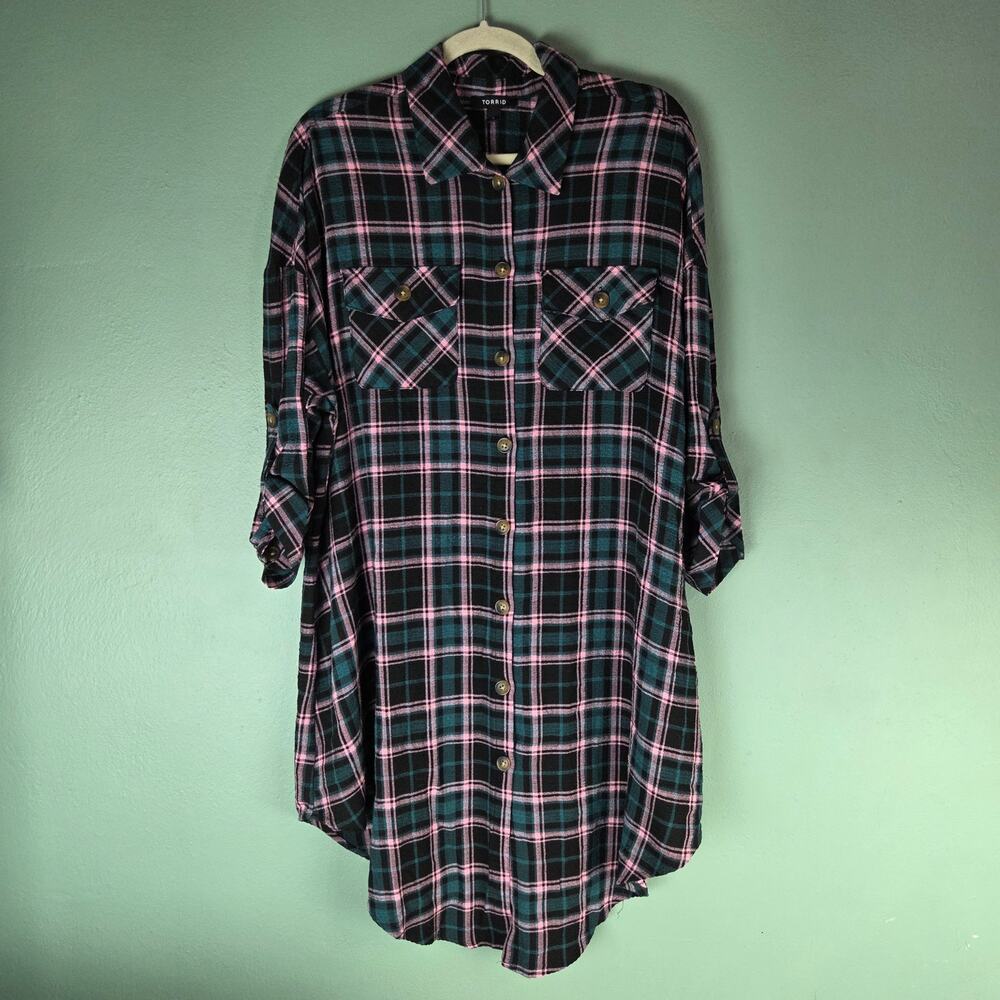 Torrid Womens Flannel Gauze Oversized Shacket Carlie Plaid Deep Black Size 0